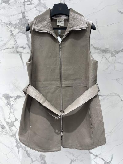 Hermes Stand Collar Leather Coat in Beige