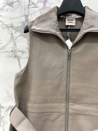 Hermes Stand Collar Leather Coat in Beige