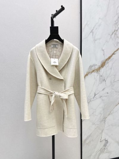 Hermes Turn-Down Collar Cashmere Coat in White