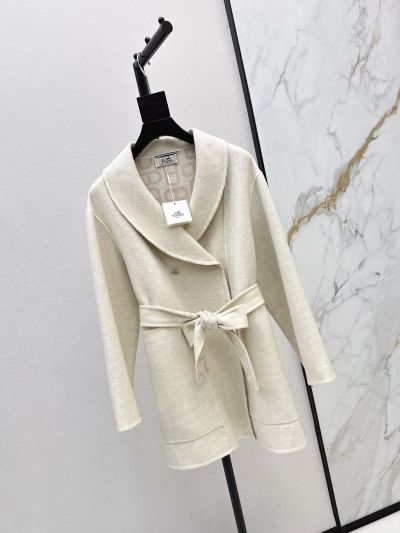 Hermes Turn-Down Collar Cashmere Coat in White