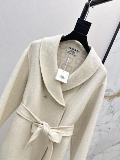Hermes Turn-Down Collar Cashmere Coat in White