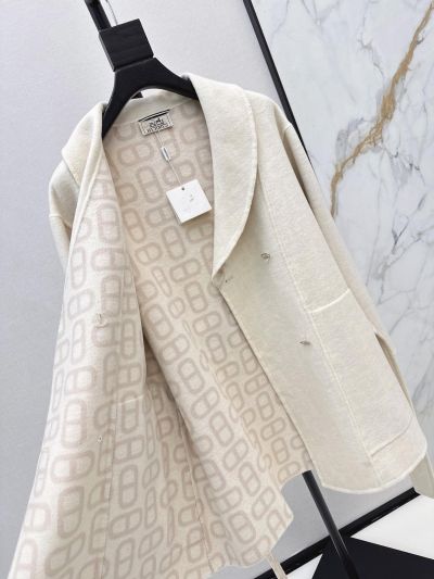 Hermes Turn-Down Collar Cashmere Coat in White