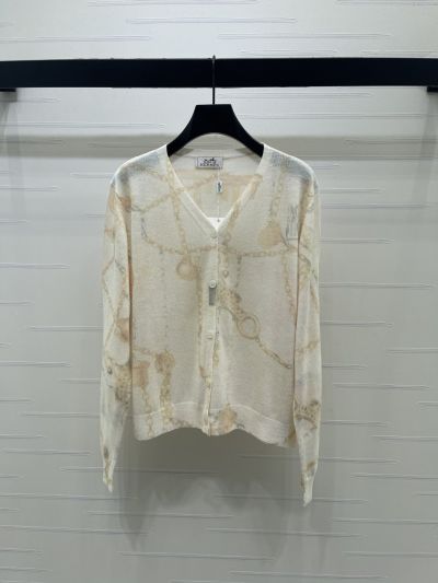 Hermes V-Neck Long Sleeve Cardigan in White