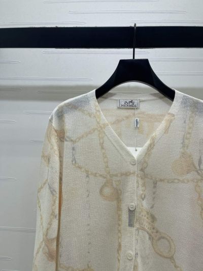 Hermes V-Neck Long Sleeve Cardigan in White