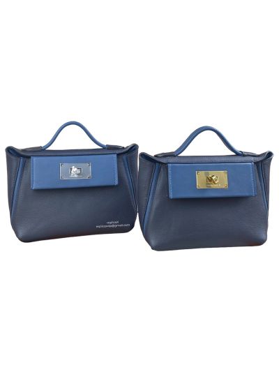 Hermes 2424 21 Shoulder Bag with Top Handle Navy Blue Evercolor Swift Leather 21CM 522492