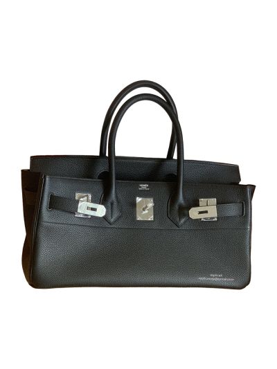 Hermes 42CM Black Clemence Leather Palladium Hardware JPG Shoulder Birkin Bag Hand Stitched 523793