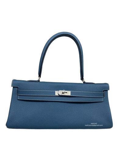 Hermes 42CM Blue Clemence Leather Palladium Hardware JPG Shoulder Kelly Bag Hand Stitched 523787