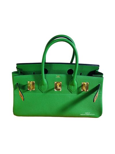 Hermes 42CM Green Clemence Leather Palladium Hardware JPG Shoulder Birkin Bag Hand Stitched 523788