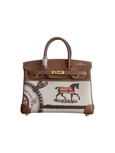 Hermes Birkin 25 Birkin 30 Tote Bag Brown Leather and Gray Toile H Canvas 25CM 30CM 525085