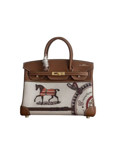 Hermes Birkin 25 Birkin 30 Tote Bag Brown Leather and Gray Toile H Canvas 25CM 30CM 525086
