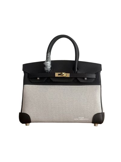 Hermes Birkin 25 Birkin 30 Tote Bag Dark Brown Leather and Beige Toile H Canvas 25CM 30CM 525082