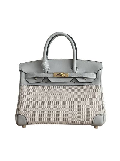 Hermes Birkin 25 Birkin 30 Tote Bag Gray Leather and Beige Toile H Canvas 25CM 30C 525080
