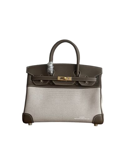 Hermes Birkin 25 Birkin 30 Tote Bag Gray Leather and Beige Toile H Canvas 25CM 30CM 525081