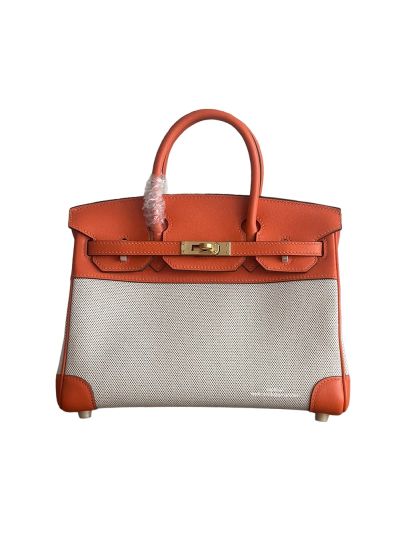 Hermes Birkin 25 Birkin 30 Tote Bag Orange Leather and Beige Toile H Canvas 25CM 30CM 525079