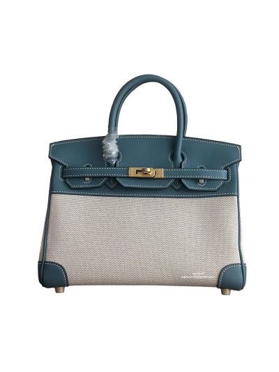 Hermes Birkin 25 Birkin 30 Tote Bag Peacock Blue Leather and Beige Toile H Canvas 25CM 30CM 525078