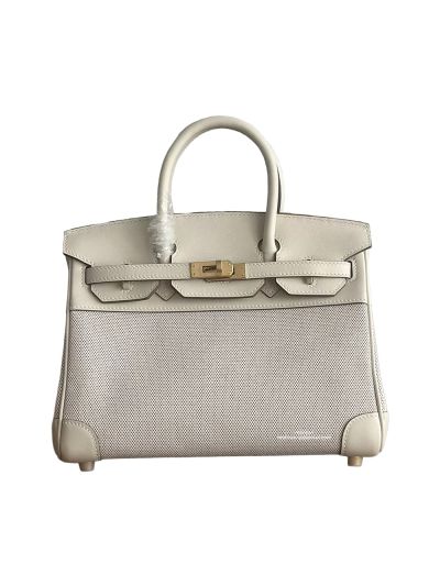 Hermes Birkin 25 Birkin 30 Tote Bag White Leather and Beige Toile H Canvas 25CM 30CM 525077