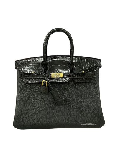 Hermes Birkin 25 Black Togo and Crocodile Leather Bag 25CM 524275