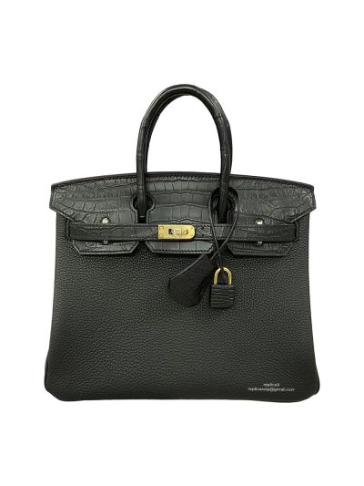 Hermes Birkin 25 Black Togo and Crocodile Leather Bag 25CM 524276
