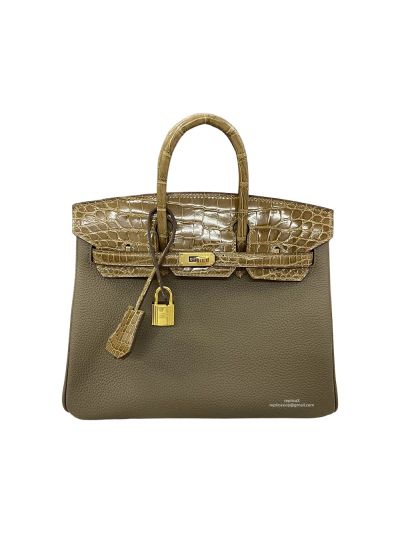 Hermes Birkin 25 Brown Green Togo and Crocodile Leather Bag 25CM 524299