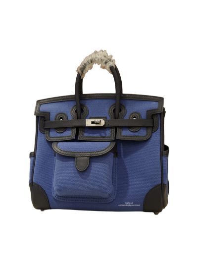 Hermes Birkin 25 Cargo Canvas Fabric and Leather Tote Bag Black Blue 25CM 524731