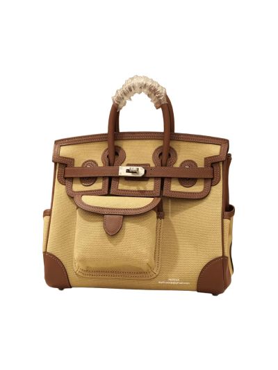 Hermes Birkin 25 Cargo Canvas Fabric and Leather Tote Bag Brown Beige 25CM 524734