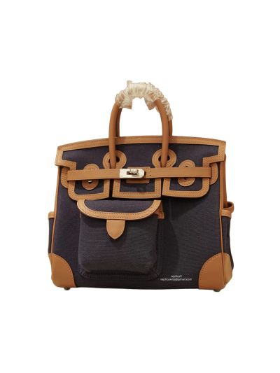 Hermes Birkin 25 Cargo Canvas Fabric and Leather Tote Bag Brown Navy Blue 25CM 524732