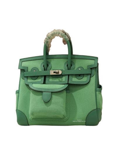 Hermes Birkin 25 Cargo Canvas Fabric and Leather Tote Bag Green 25CM 524730