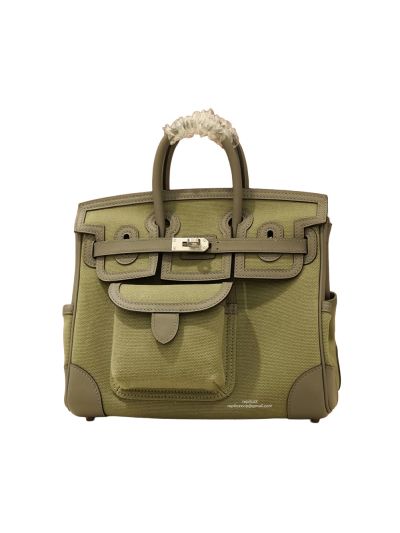 Hermes Birkin 25 Cargo Canvas Fabric and Leather Tote Bag Green 25CM 524733