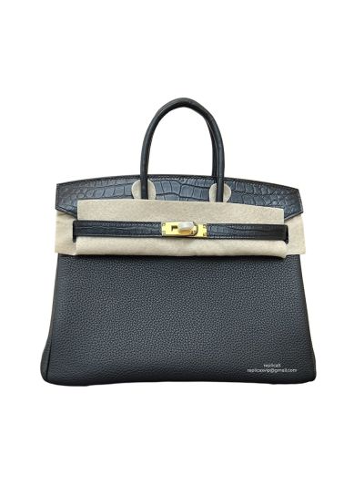 Hermes Birkin 25 Crocodile and Togo Leather Bag Black 25CM 524233