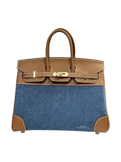 Hermes Birkin 25 Denim Blue Fabric and Brown Leather Tote Bag 25CM 524486