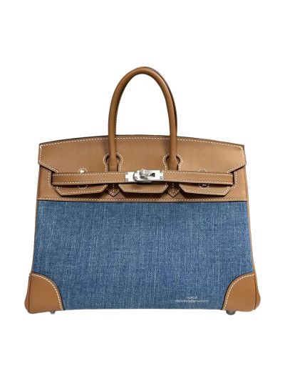 Hermes Birkin 25 Denim Blue Fabric and Brown Leather Tote Bag 25CM 524487