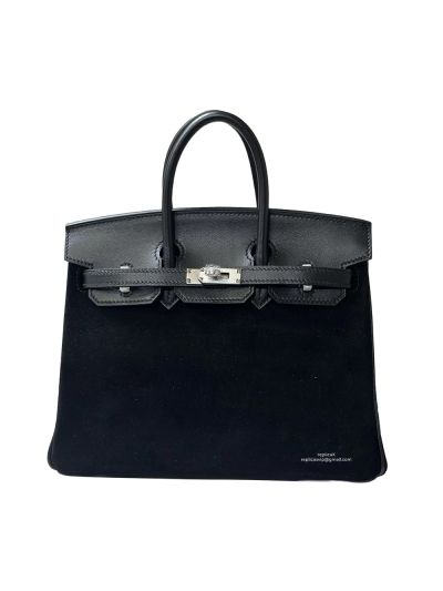 Hermes Birkin 25 Grizzly Gris Caillou Etoupe Suede Doblis Swift Leather Tote Bag Black 25CM 524683