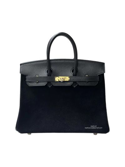 Hermes Birkin 25 Grizzly Gris Caillou Etoupe Suede Doblis Swift Leather Tote Bag Black 25CM 524684