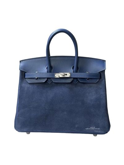 Hermes Birkin 25 Grizzly Gris Caillou Etoupe Suede Doblis Swift Leather Tote Bag Blue 25CM 524692