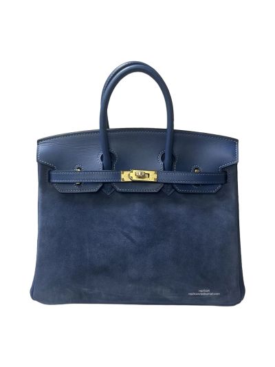 Hermes Birkin 25 Grizzly Gris Caillou Etoupe Suede Doblis Swift Leather Tote Bag Blue 25CM 524693