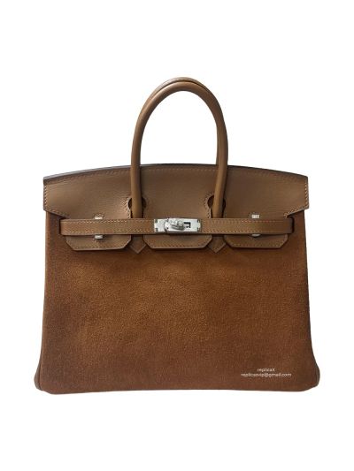 Hermes Birkin 25 Grizzly Gris Caillou Etoupe Suede Doblis Swift Leather Tote Bag Brown 25CM 524688