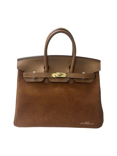  Hermes Birkin 25 Grizzly Gris Caillou Etoupe Suede Doblis Swift Leather Tote Bag Brown 25CM 524689