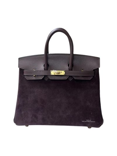 Hermes Birkin 25 Grizzly Gris Caillou Etoupe Suede Doblis Swift Leather Tote Bag Dark Purple 25CM 524691