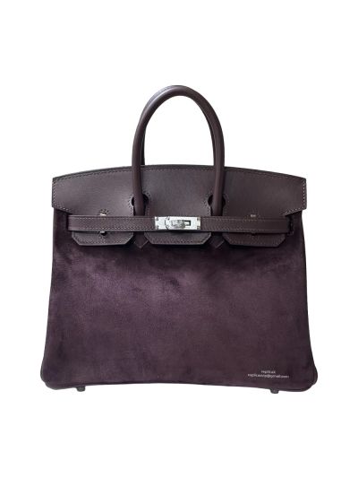 Hermes Birkin 25 Grizzly Gris Caillou Etoupe Suede Doblis Swift Leather Tote Bag Dark Purple 25CM 524695