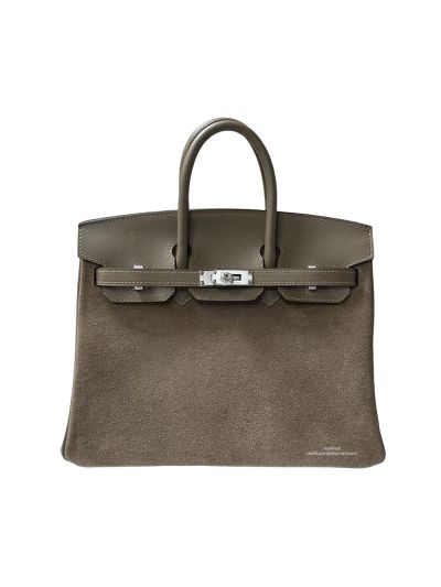 Hermes Birkin 25 Grizzly Gris Caillou Etoupe Suede Doblis Swift Leather Tote Bag Gray 25CM 524686