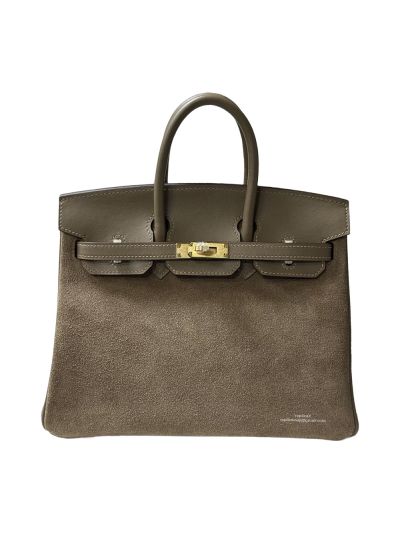 Hermes Birkin 25 Grizzly Gris Caillou Etoupe Suede Doblis Swift Leather Tote Bag Gray 25CM 524687