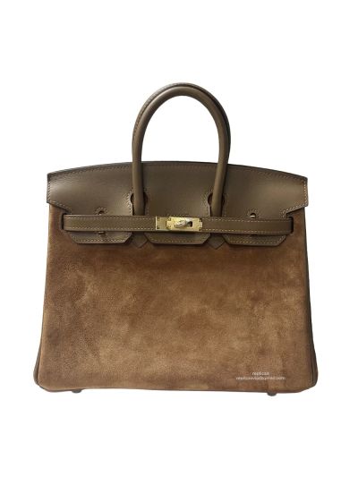 Hermes Birkin 25 Grizzly Gris Caillou Etoupe Suede Doblis Swift Leather Tote Bag Khaki 25CM 524685