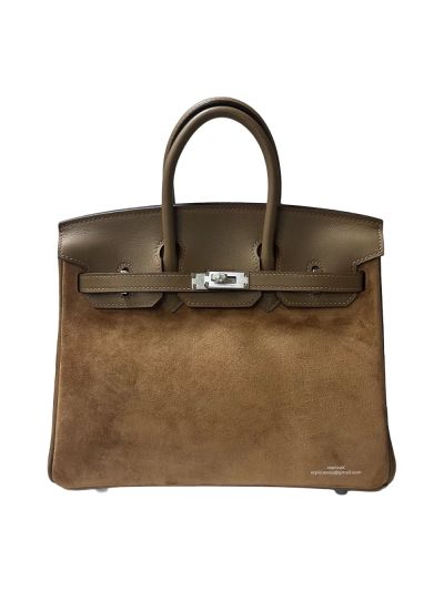 Hermes Birkin 25 Grizzly Gris Caillou Etoupe Suede Doblis Swift Leather Tote Bag Khaki 25CM 524690