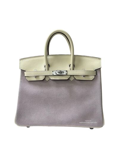  Hermes Birkin 25 Grizzly Gris Caillou Etoupe Suede Doblis Swift Leather Tote Bag White Gray 25CM 524694