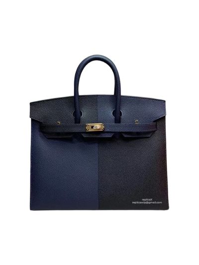 Hermes Birkin 25 Hermes Vip Birkin 25 Hand Stitching Tote Bag Blue and Black Epsom 522647