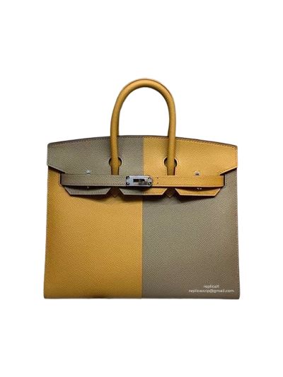 Hermes Birkin 25 Hermes Vip Birkin 25 Hand Stitching Tote Bag Gray and Tan Epsom 522646