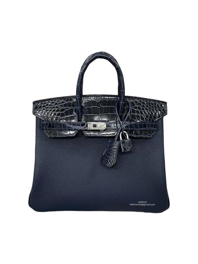 Hermes Birkin 25 Navy Blue Togo and Crocodile Leather Bag 25CM 524288