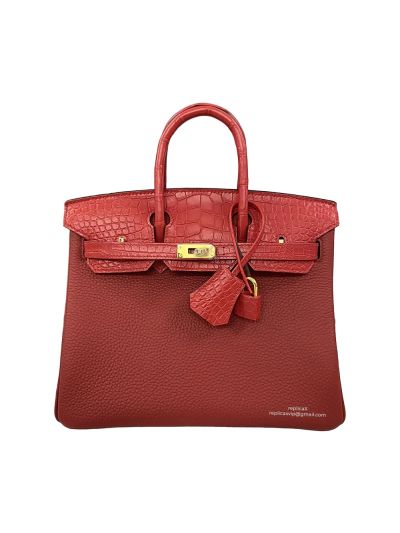 Hermes Birkin 25 Red Togo and Crocodile Leather Bag 25CM 524294