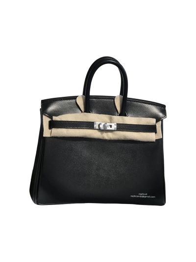 Hermes Birkin 25 So Black Shiny Box Calf Leather Tote Bag 525028