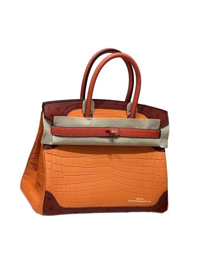 Hermes Birkin 25 TRI Exotic Grand Marriage Alligator Tote Bag Orange Red 25CM 524571